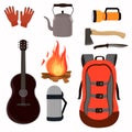 Collection of assembled sets for camping backpack guitar guitar ax flashlight bonfire.