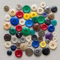 A collection of assorted buttons displayed on a beige fabric surface Royalty Free Stock Photo
