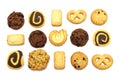 Collection of assorted cookies. Chocolate chip, oatmeal, raisin, Danish cookies and biscuits in the shape of a spiral pattern isol Royalty Free Stock Photo