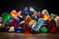 Collection of assorted gemstones in their raw, uncut form, beauty of precious stones. Amber, amethyst, topaz, jasper