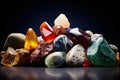 Collection of assorted gemstones in their raw, uncut form, highlighting natural beauty of precious stones. Amber