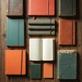 Collection of assorted notebooks displayed on rustic wooden surface. Various types include hardcover, fabric, leather-bound Royalty Free Stock Photo