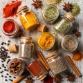 A collection of assorted spices displayed on a rustic wooden surface Royalty Free Stock Photo