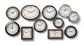 Collection of assorted wall clocks displayed on a white background Royalty Free Stock Photo