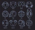 Collection of astrological symbols placed inside round frames drawn with blue contour lines on black background. Bundle