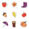 Collection of autumn attributes, autumn elements. Vector set of fall icons or stickers, autumn card