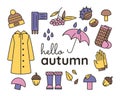 Collection of autumn items - waterproof clothes and an umbrella. Walk through the woods. Collect nuts and mushrooms.