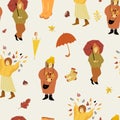 Collection Autumn Seamless Pattern. Cute autumn cartoon girls, fall backgrounds, Thanksgiving texture