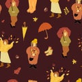 Collection Autumn Seamless Pattern. Cute autumn cartoon girls, fall backgrounds, Thanksgiving texture