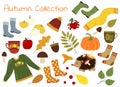 Collection of autumn vector pictures. A set of autumn items - leaves, pumpkin, sweater, scarf and more.