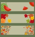 Collection of autumnal horizontal banners with watermelon, ashberry and maple leaves Royalty Free Stock Photo