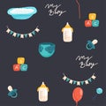 Collection of baby toys icons, hand drawn seamless pattern. backdrop with children goods. Boys toys icon set vector Royalty Free Stock Photo