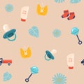 Collection of baby toys icons, hand drawn seamless pattern. backdrop with children goods. Boys toys icon set vector Royalty Free Stock Photo