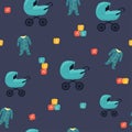 Collection of baby toys icons, hand drawn seamless pattern. Blue backdrop with children goods. Boys toys icon set vector Royalty Free Stock Photo