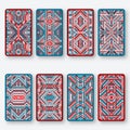 Collection back side of cards with geometric ethnic pattern in blue and red colors