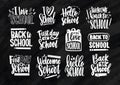 Collection of Back to School lettering written with elegant calligraphic font and decorated with stationary. Set of