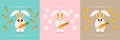 Collection of backgrounds or cards, rabbits with carrots, in the form of eggs with different emotions, on backgrounds in pastel Royalty Free Stock Photo
