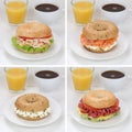 Collection of bagels for breakfast with ham, salmon, orange juice and coffee