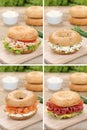 Collection of bagels with cream cheese, salmon fish and ham for