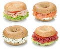 Collection of bagels with cream cheese, salmon and ham for break