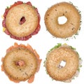 Collection of bagels with salami ham cream cheese, salmon top vi