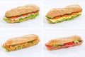 Collection of baguette sub sandwiches with salami ham cheese sal Royalty Free Stock Photo