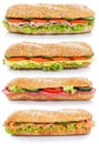 Collection of baguettes with salami ham cheese salmon fish later Royalty Free Stock Photo
