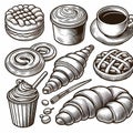 collection of baked goods, different pastries outline