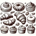 collection of baked goods, different pastries outline