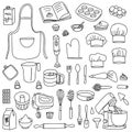 Collection of baking accessories. Set of kitchen utensils in doodle style on a white background. Vector illustration Royalty Free Stock Photo