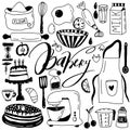 Collection baking in doodle style. Cooking recipes. Cake, mixer, cup, whisk, cherry, egg, flour, milk, apron, apple, lemon, tea,