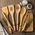 A collection of bamboo kitchen utensils displayed on a wooden surface Royalty Free Stock Photo