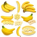 Collection banana whole bunch and slice isolated on white background