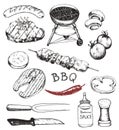 Collection of the barbecue doodles, different objects: drinks, food, meat and vegetables, different tools and instruments, etc