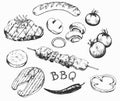 Collection of the barbecue doodles, different objects: drinks, food, meat and vegetables, different tools and instruments, etc