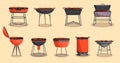 Collection of barbecue or grillbarbecue. Picnic camping cooking. BBQ party. Traditional cooking food, restaurant menu