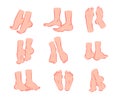 Collection of bare human man and woman feet pairs arranged in different poses isolated on white background.