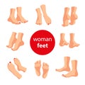 Collection of bare human man and woman feet pairs arranged in different poses isolated on white background.