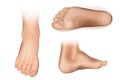 Collection of bare human sole arranged in different poses isolated on white background. Front, side, back view