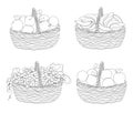 Collection. Basket with ripe bunches of grapes, apples, orange, banana. Image in modern single line style. Solid line, decor outli