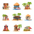 Collection of Beach Bungalows on Coast of Tropical Sea, Summer Seaside Vacation Wooden Cabins Vector Illustration