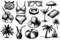 A collection beach and pool themed items including a bikini, sunglasses Royalty Free Stock Photo