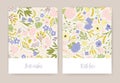 Collection of beautiful birthday greeting card or postcard templates with gorgeous colorful blooming flowers and leaves