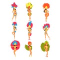 Collection of Beautiful Girls Wearing Bright Festival Costumes Dancing, Brazilian Carnival Samba Dancers, Rio de Janeiro Royalty Free Stock Photo