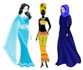 A collection of beautiful ladies. A Muslim, an African-American girl and an Indian woman. National clothes. Set of vector