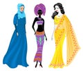 A collection of beautiful ladies. A Muslim, an African-American girl and an Indian woman. National clothes. Set of vector