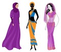 A collection of beautiful ladies. A Muslim, an African-American girl and an Indian woman. National clothes. Set of vector