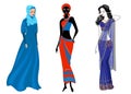 A collection of beautiful ladies. A Muslim, an African-American girl and an Indian woman. National clothes. Set of vector