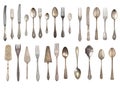 Collection of beautiful old vintage forks, spoons and knife isolated on white background. Top view. Retro silverware Royalty Free Stock Photo