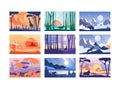 Collection of beautiful scene of nature, peaceful landscape with wild animals in different time of day, templates for